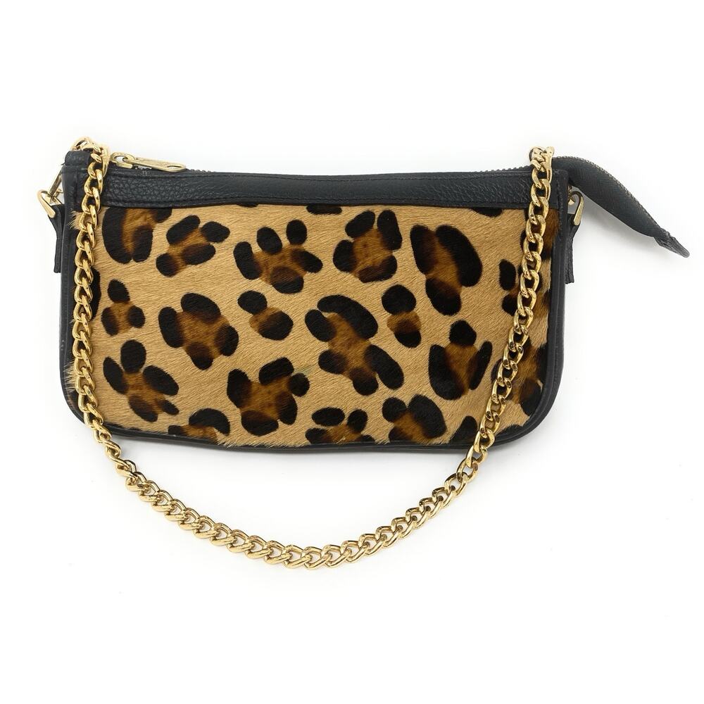 Alberta di Canio Black leather Calfskin Chettah Gold Chain Evening Bag Clutch